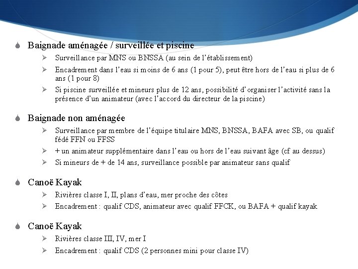 S Baignade aménagée / surveillée et piscine Surveillance par MNS ou BNSSA (au sein