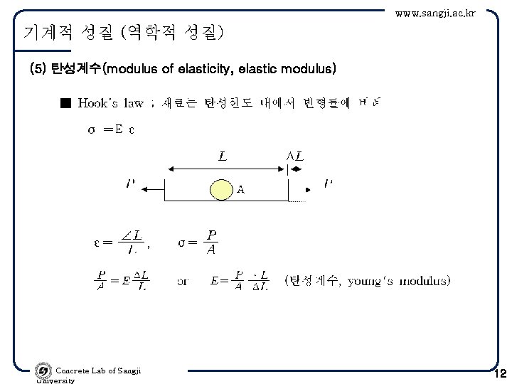 www. sangji. ac. kr 기계적 성질 (역학적 성질) (5) 탄성계수(modulus of elasticity, elastic modulus)