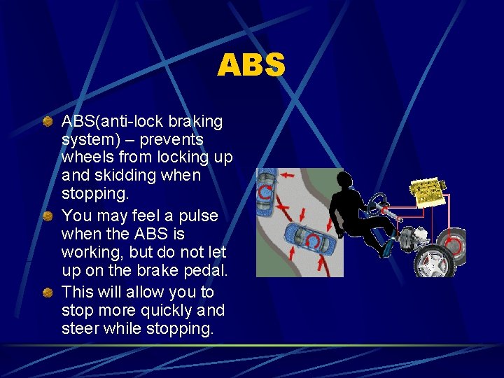 ABS ABS(anti-lock braking system) – prevents wheels from locking up and skidding when stopping. ABS ABS(anti-lock braking system) – prevents wheels from locking up and skidding when stopping.