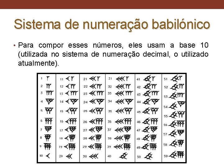 Sistema de numeração babilónico • Para compor esses números, eles usam a base 10