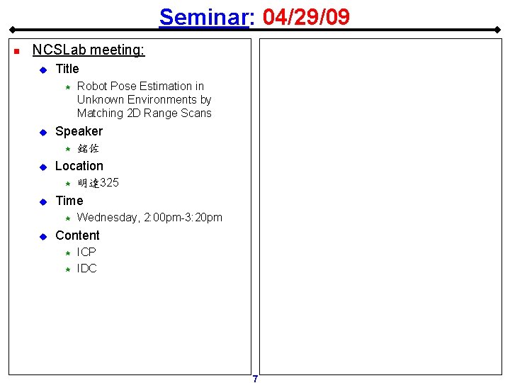 Seminar: 04/29/09 n NCSLab meeting: u Title « u Speaker « u 明達 325