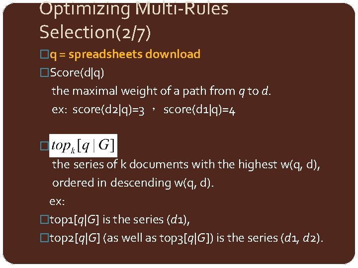 Optimizing Multi-Rules Selection(2/7) �q = spreadsheets download �Score(d|q) the maximal weight of a path