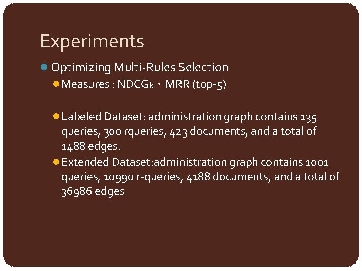 Experiments l Optimizing Multi-Rules Selection l Measures : NDCGk、MRR (top-5) l Labeled Dataset: administration