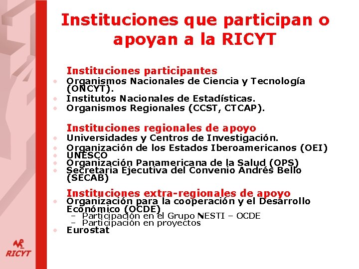 Instituciones que participan o apoyan a la RICYT Instituciones participantes • Organismos Nacionales de