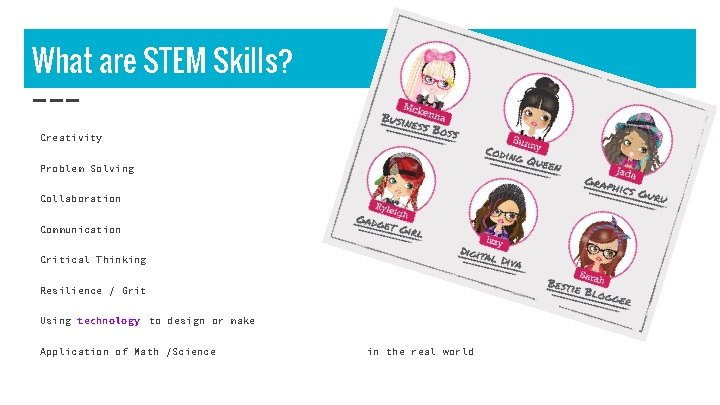 What are STEM Skills? Creativity Problem Solving Collaboration Communication Critical Thinking Resilience / Grit
