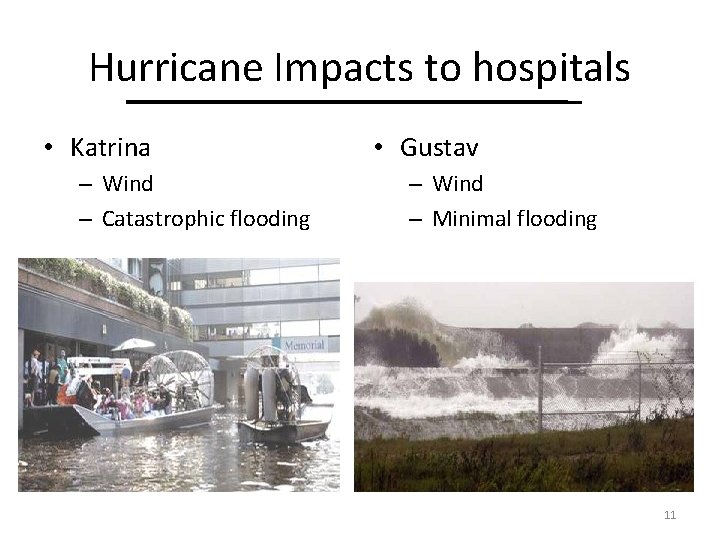 Hurricane Impacts to hospitals • Katrina – Wind – Catastrophic flooding • Gustav –