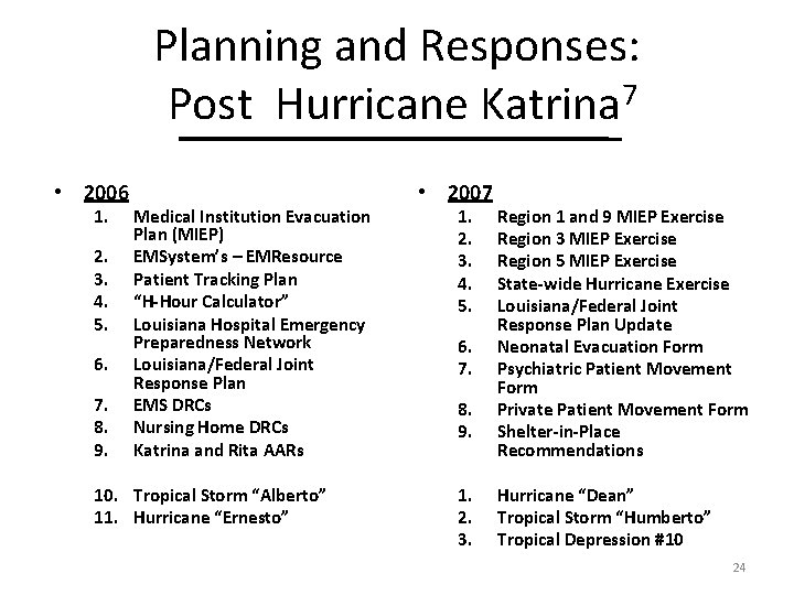 Planning and Responses: Post Hurricane Katrina 7 • 2006 1. 2. 3. 4. 5.