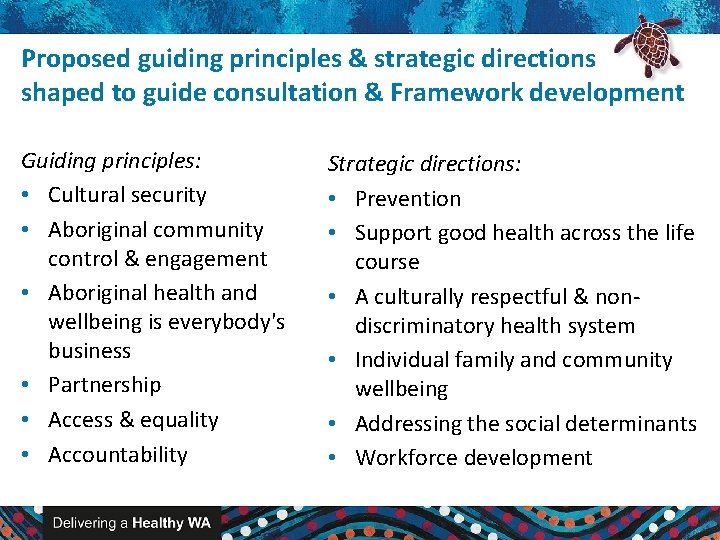 Proposed guiding principles & strategic directions shaped to guide consultation & Framework development Guiding