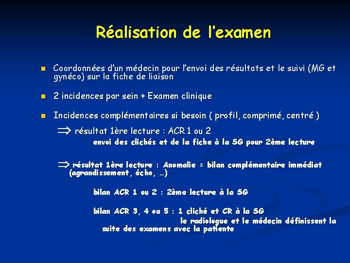 Réalisation de l’examen n Coordonnées d’un médecin pour l’envoi des résultats et le suivi