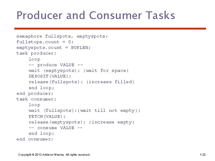 Producer and Consumer Tasks semaphore fullspots, emptyspots; fullstops. count = 0; emptyspots. count =