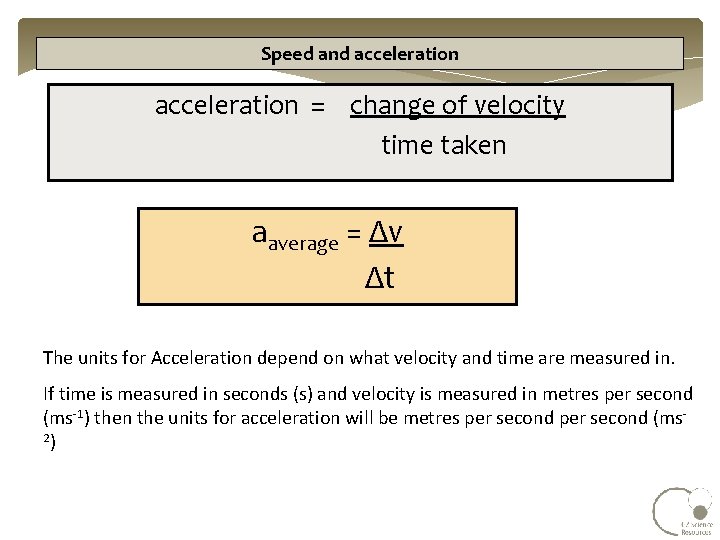 Speed and acceleration = change of velocity time taken aaverage = Δv Δt The