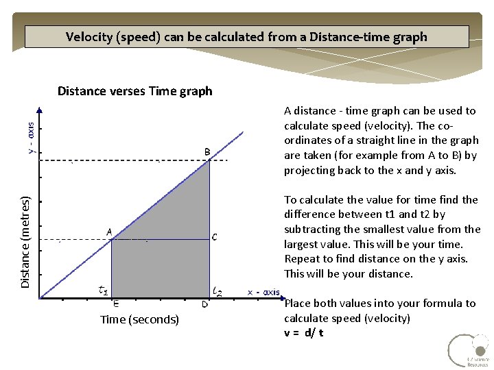 Velocity (speed) can be calculated from a Distance-time graph Distance verses Time graph A