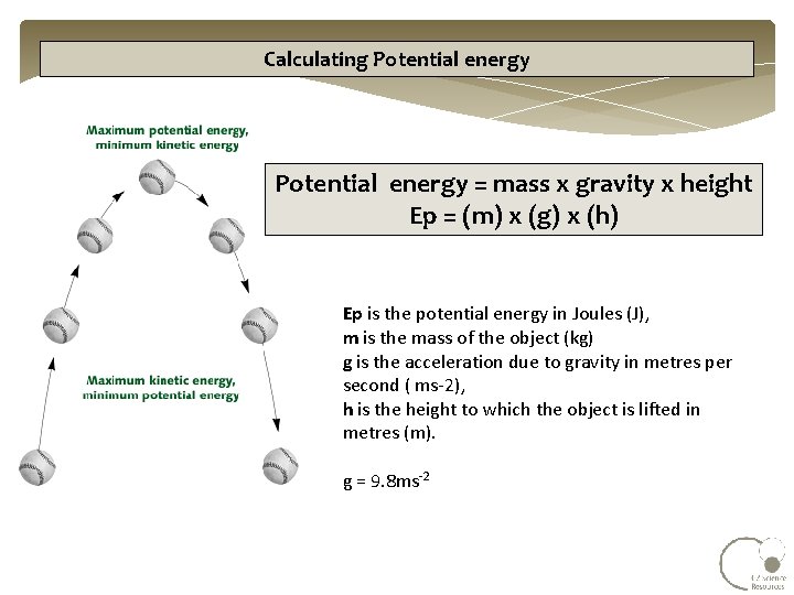 Calculating Potential energy = mass x gravity x height Ep = (m) x (g)