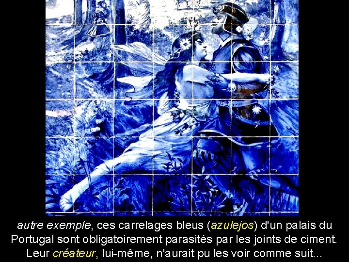 autre exemple, ces carrelages bleus (azulejos) d'un palais du Portugal sont obligatoirement parasités par