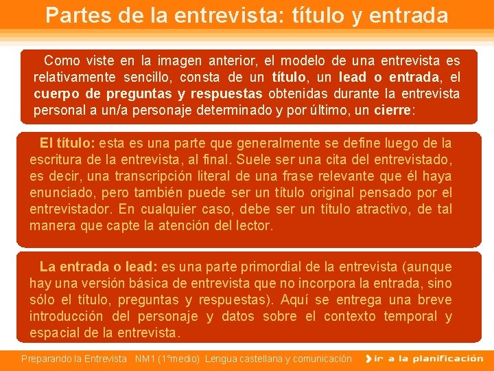 Partes de la entrevista: título y entrada Como viste en la imagen anterior, el