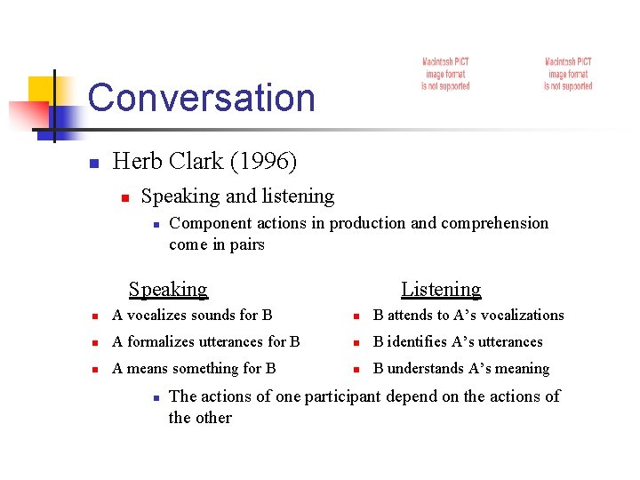Conversation n Herb Clark (1996) n Speaking and listening n Component actions in production
