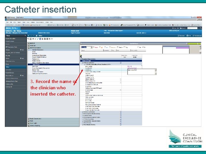 Catheter insertion 3. Record the name of the clinician who inserted the catheter. 