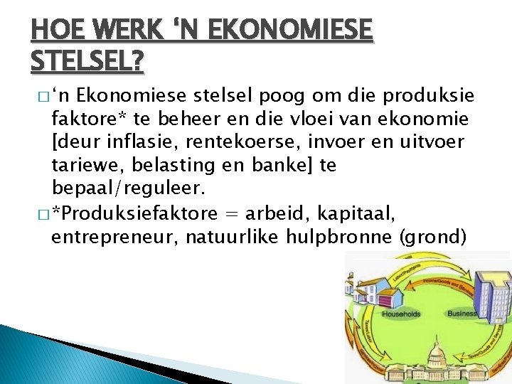 HOE WERK ‘N EKONOMIESE STELSEL? � ‘n Ekonomiese stelsel poog om die produksie faktore*