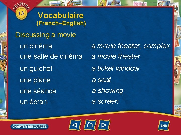 13 Vocabulaire (French–English) Discussing a movie un cinéma une salle de cinéma a movie