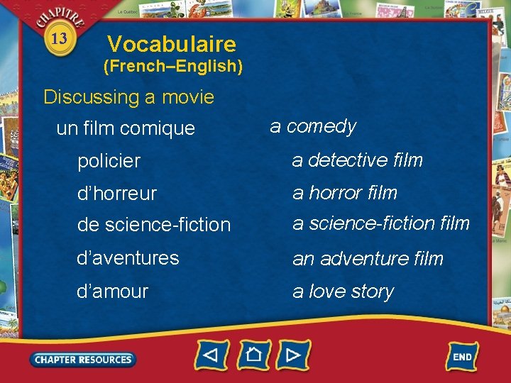 13 Vocabulaire (French–English) Discussing a movie un film comique a comedy policier a detective