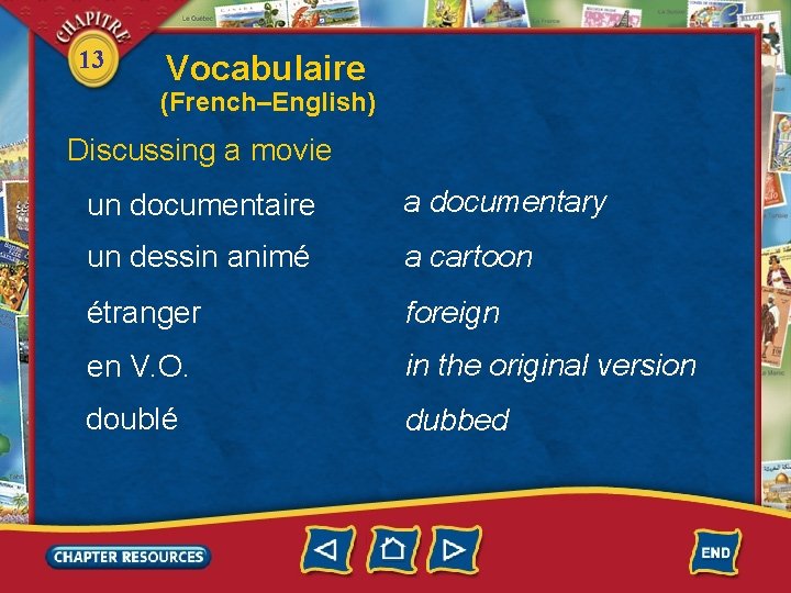 13 Vocabulaire (French–English) Discussing a movie un documentaire a documentary un dessin animé a