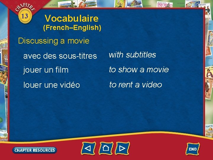 13 Vocabulaire (French–English) Discussing a movie avec des sous-titres with subtitles jouer un film