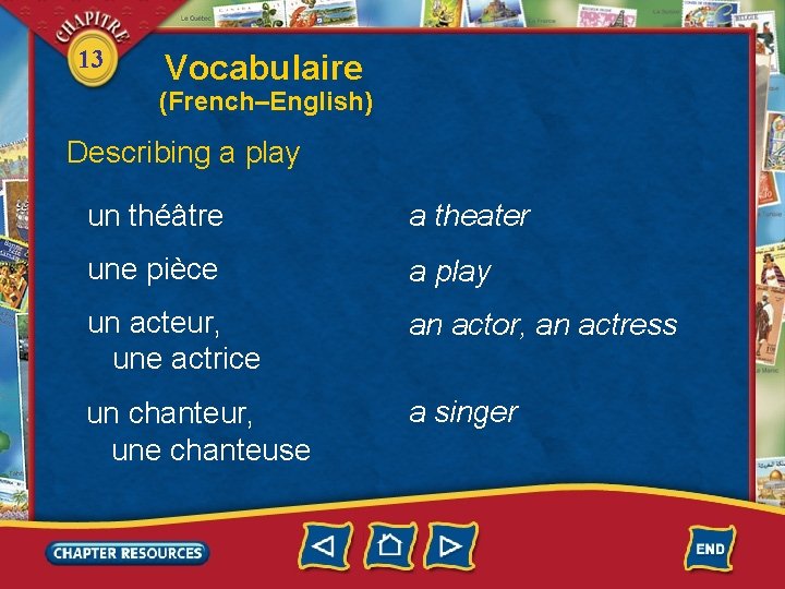 13 Vocabulaire (French–English) Describing a play un théâtre a theater une pièce a play