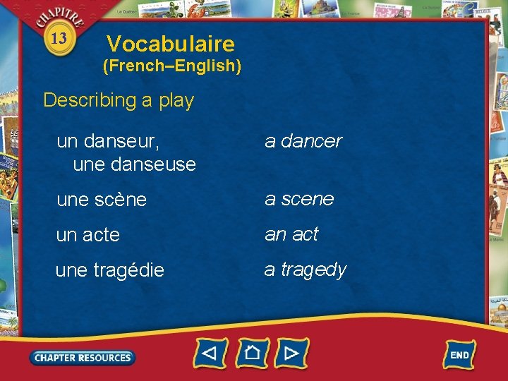 13 Vocabulaire (French–English) Describing a play un danseur, une danseuse a dancer une scène