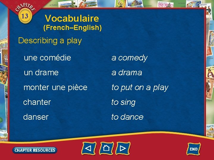 13 Vocabulaire (French–English) Describing a play une comédie a comedy un drame a drama