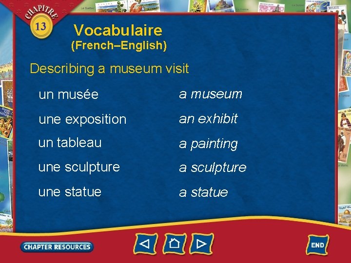 13 Vocabulaire (French–English) Describing a museum visit un musée a museum une exposition an