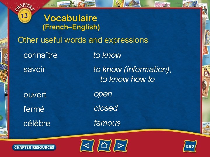 13 Vocabulaire (French–English) Other useful words and expressions connaître to know savoir to know