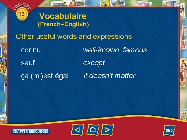 13 Vocabulaire (French–English) Other useful words and expressions connu well-known, famous sauf except ça