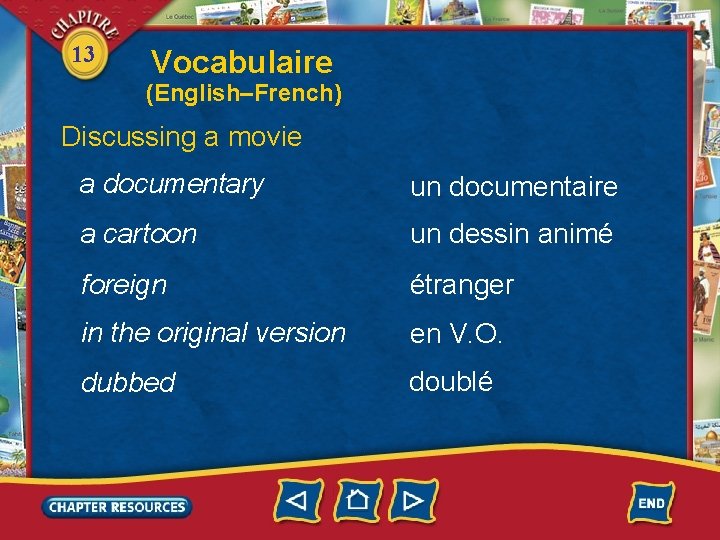 13 Vocabulaire (English–French) Discussing a movie a documentary un documentaire a cartoon un dessin