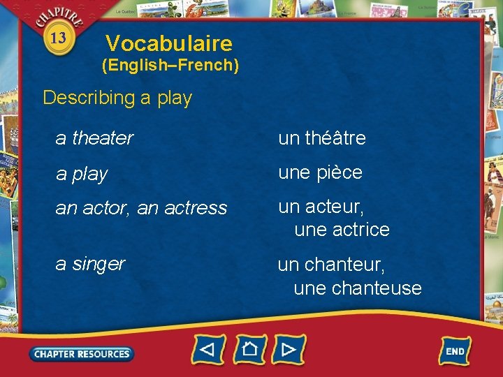 13 Vocabulaire (English–French) Describing a play a theater un théâtre a play une pièce