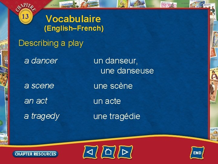 13 Vocabulaire (English–French) Describing a play a dancer un danseur, une danseuse a scene