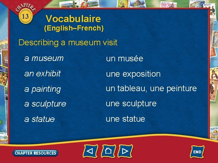 13 Vocabulaire (English–French) Describing a museum visit a museum un musée an exhibit une