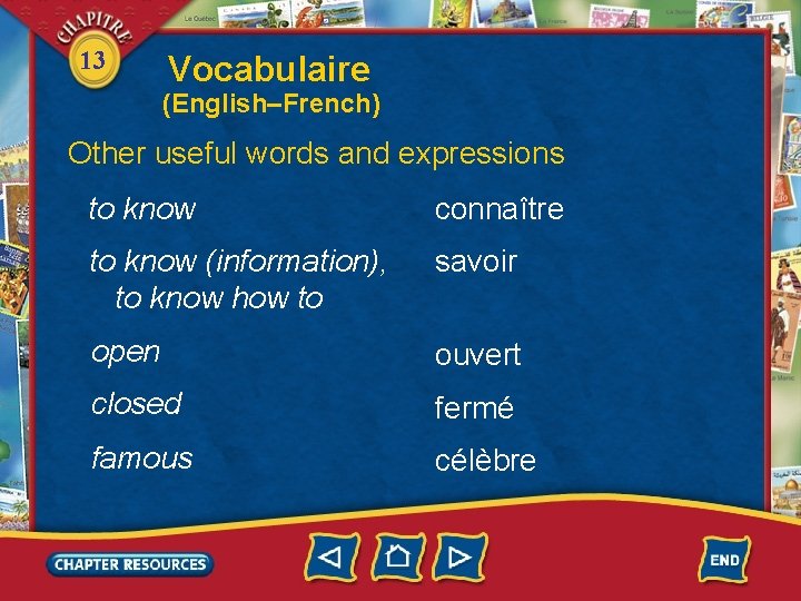 13 Vocabulaire (English–French) Other useful words and expressions to know connaître to know (information),