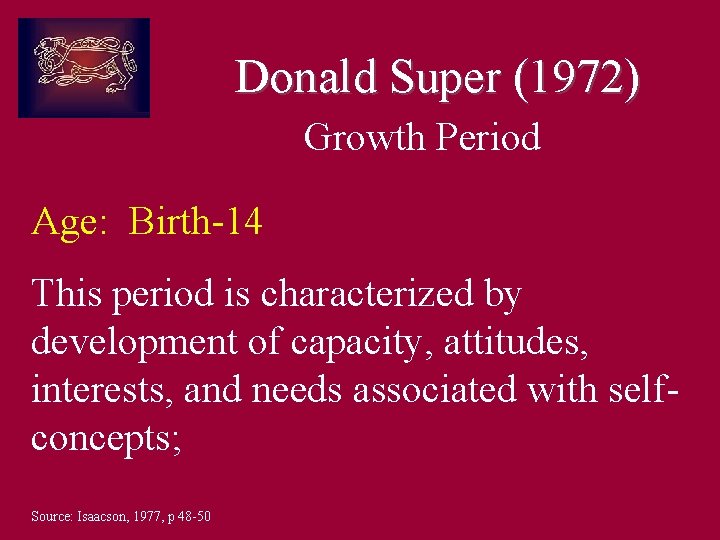 Donald Super (1972) Growth Period Age: Birth-14 This period is characterized by development of