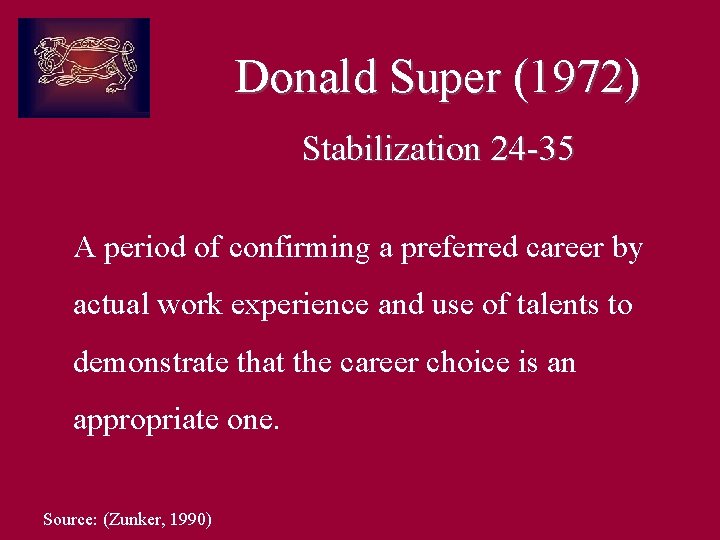 Donald Super (1972) Stabilization 24 -35 A period of confirming a preferred career by