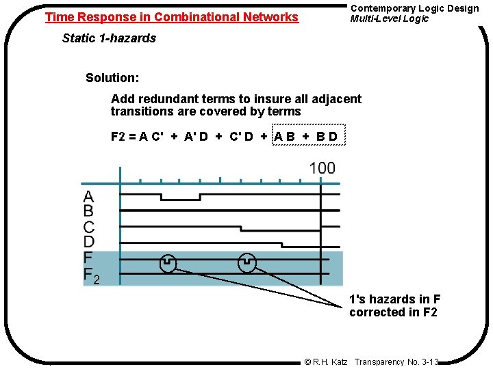 Contemporary Logic Design Multi-Level Logic Time Response in Combinational Networks Static 1 -hazards Solution: