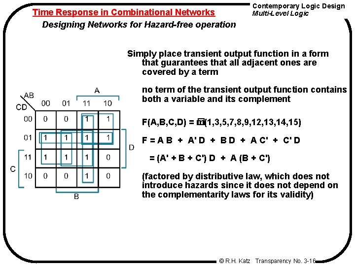Time Response in Combinational Networks Designing Networks for Hazard-free operation Contemporary Logic Design Multi-Level