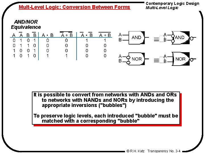 Mult-Level Logic: Conversion Between Forms Contemporary Logic Design Multi-Level Logic AND/NOR Equivalence It is