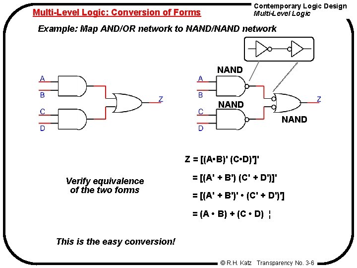 Contemporary Logic Design Multi-Level Logic: Conversion of Forms Example: Map AND/OR network to NAND/NAND