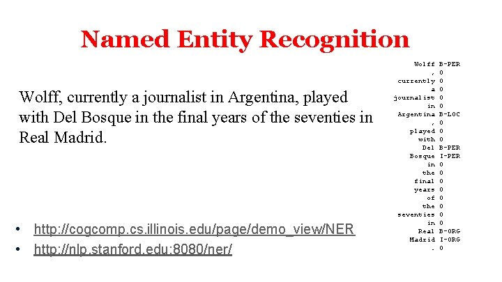 Named Entity Recognition Wolff, currently a journalist in Argentina, played with Del Bosque in