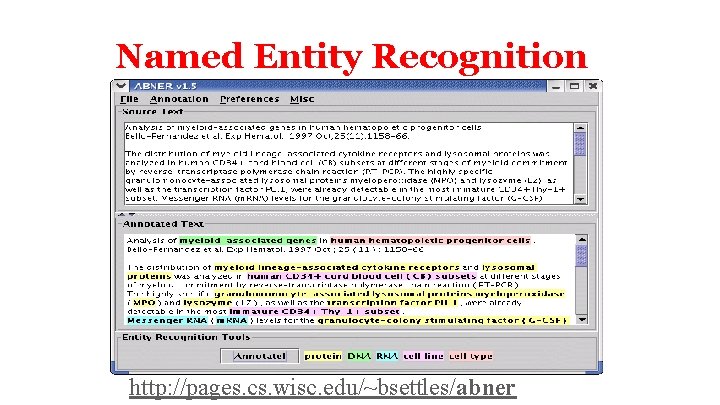 Named Entity Recognition http: //pages. cs. wisc. edu/~bsettles/abner 
