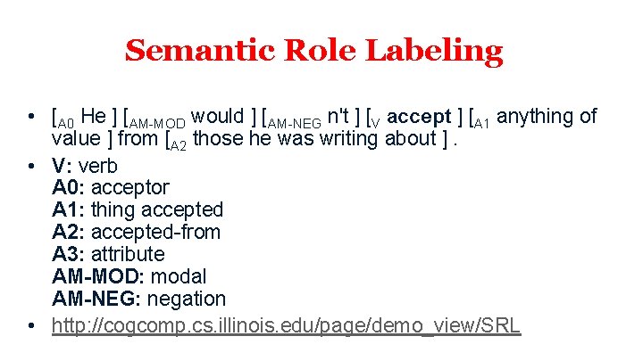 Semantic Role Labeling • [A 0 He ] [AM-MOD would ] [AM-NEG n't ]