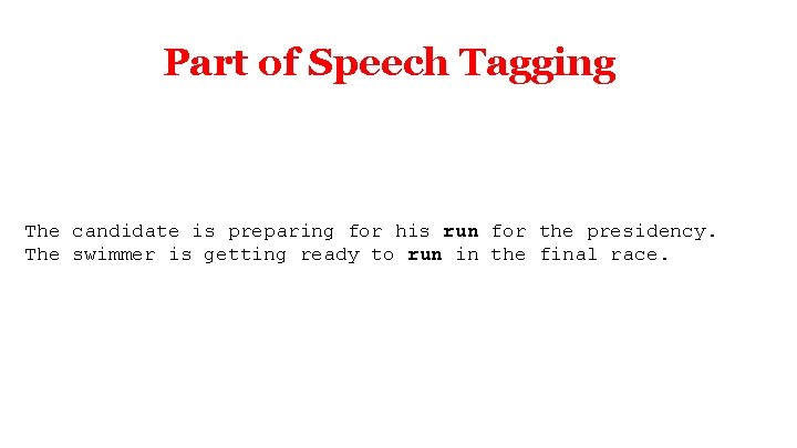 Part of Speech Tagging The candidate is preparing for his run for the presidency.