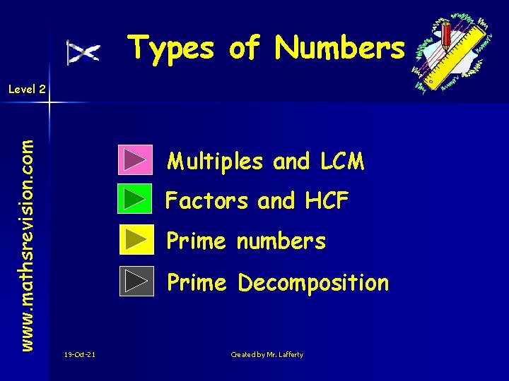 Types of Numbers www. mathsrevision. com Level 2 Multiples and LCM Factors and HCF