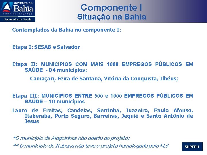 Componente I Secretaria da Saúde Situação na Bahia Contemplados da Bahia no componente I: