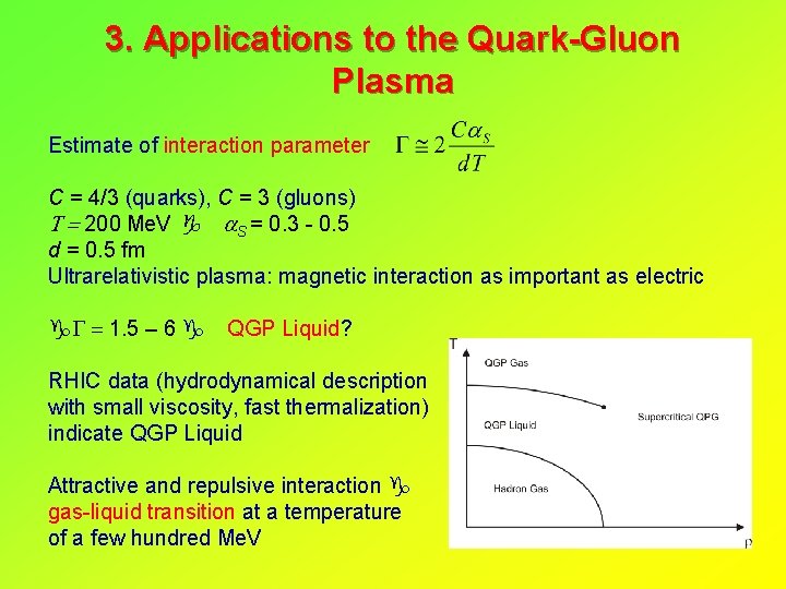 3. Applications to the Quark-Gluon Plasma Estimate of interaction parameter C = 4/3 (quarks),